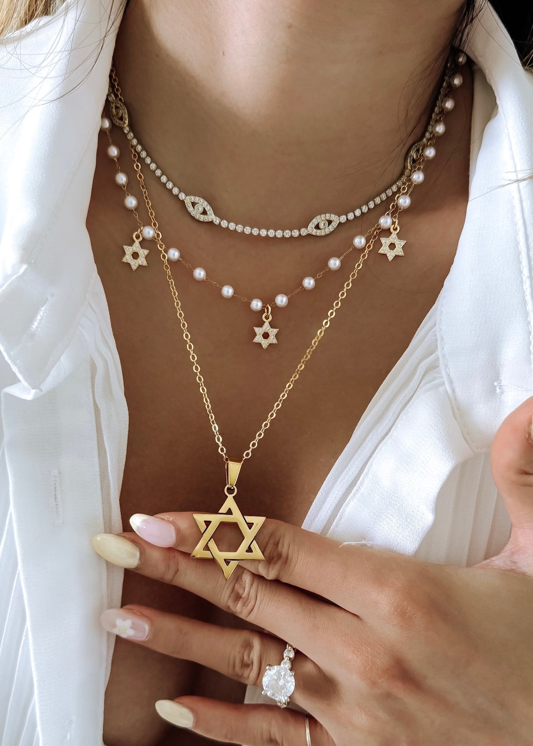 Pearl Star of David 3 necklace Set
