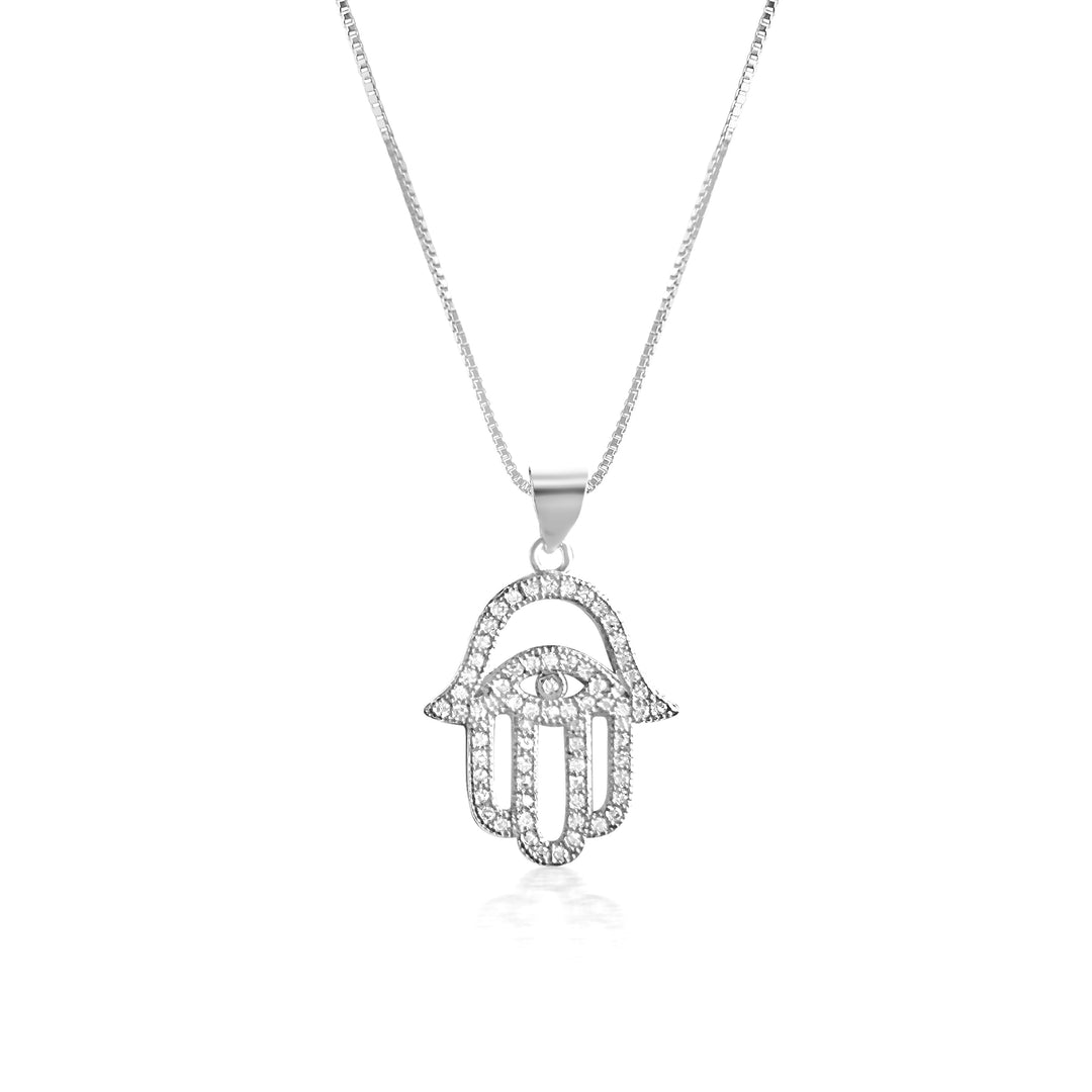 Hamsa Hand Necklace - White Gold Filled