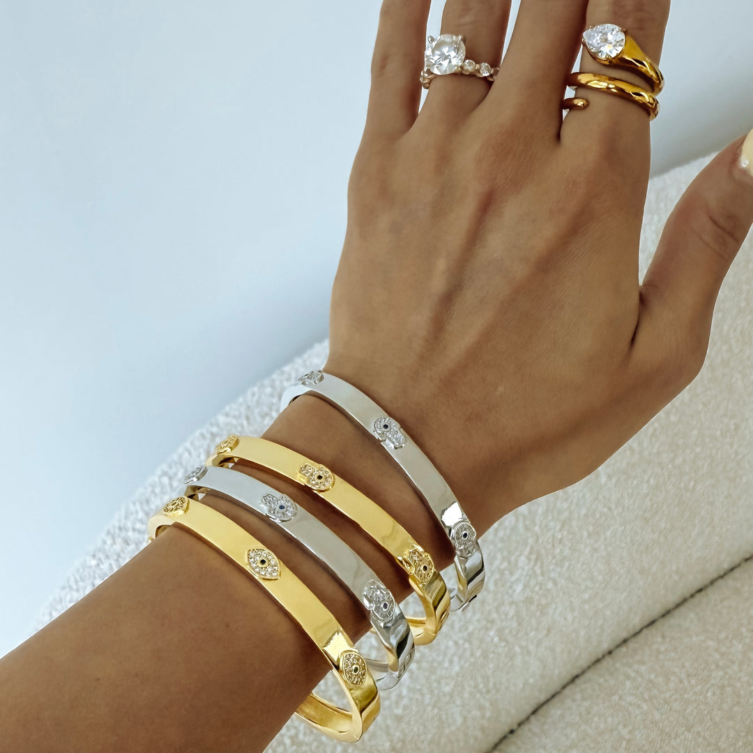 Evil Eye Hamsa Hand Bangle - Gold Filled