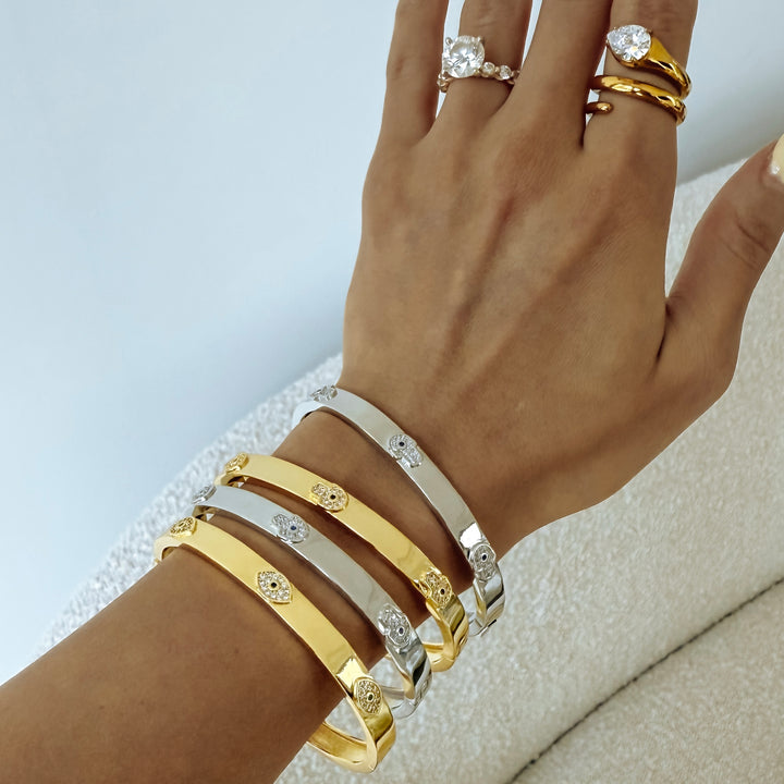Evil Eye Hamsa Hand Bangle - Gold Filled