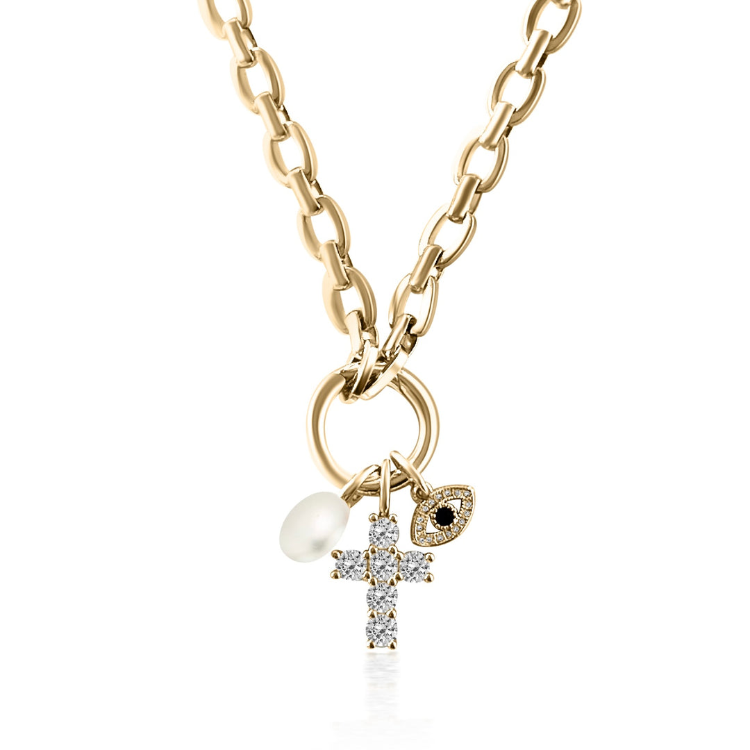 Diamond Cross & Evil Eye Necklace - Gold Filled