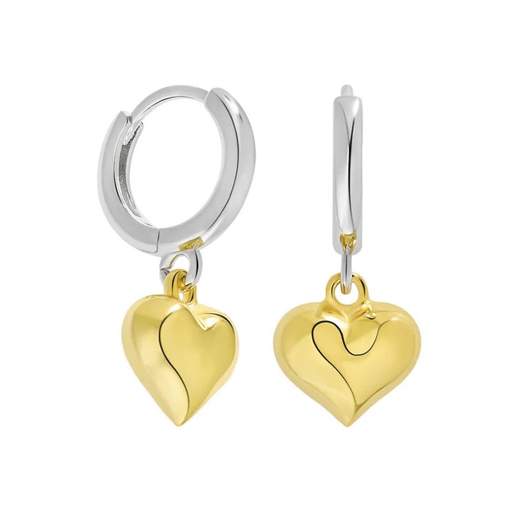 Two Tone Puff Heart Hoops - Gold Filled
