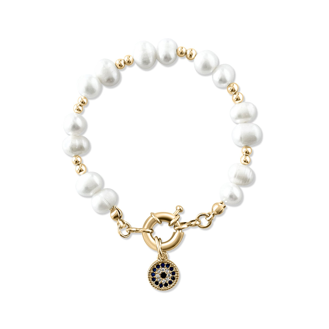 Pearl Evil Eye Bracelet - Gold Filled