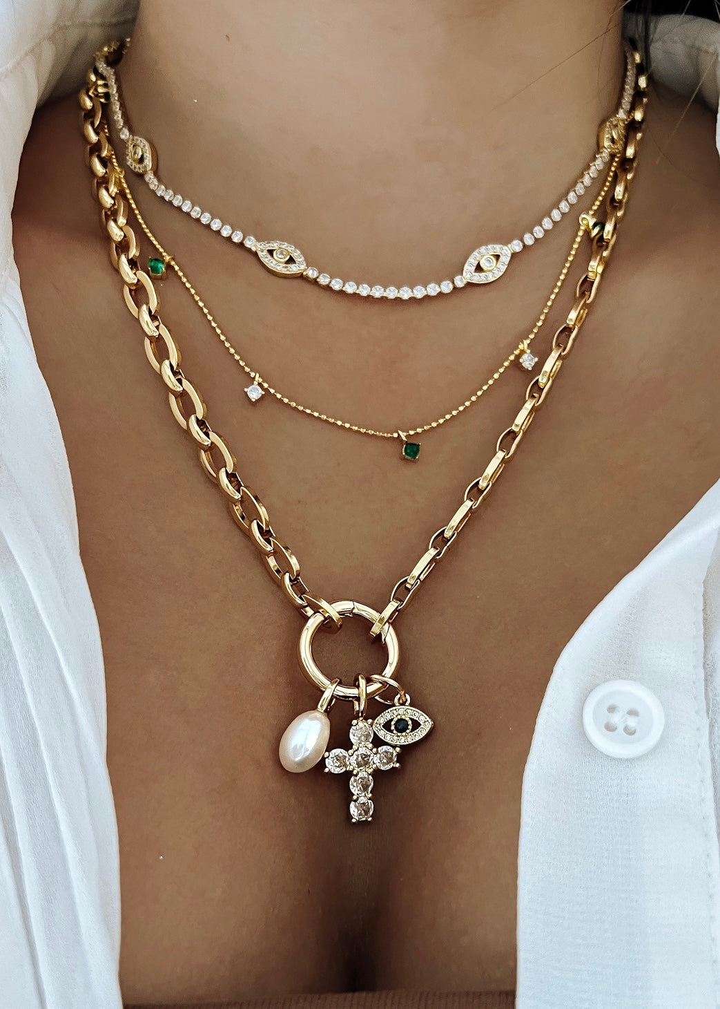 Diamond Cross & Evil Eye Necklace - Gold Filled