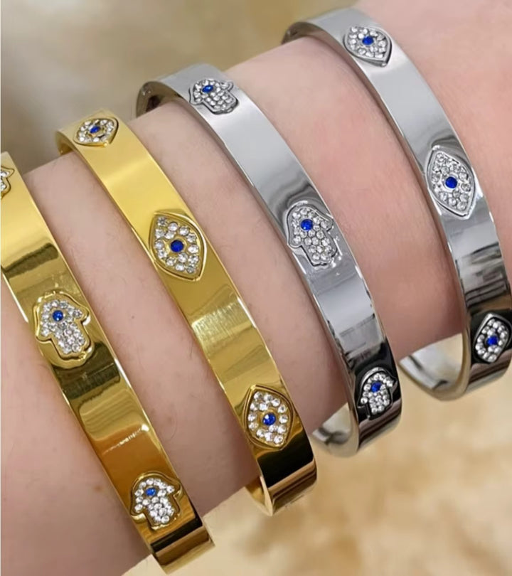 Evil Eye Hamsa Hand Bangle - Gold Filled