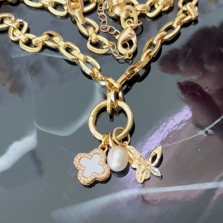 Devine Butterfly & Clover Charm Necklace - Gold Filled