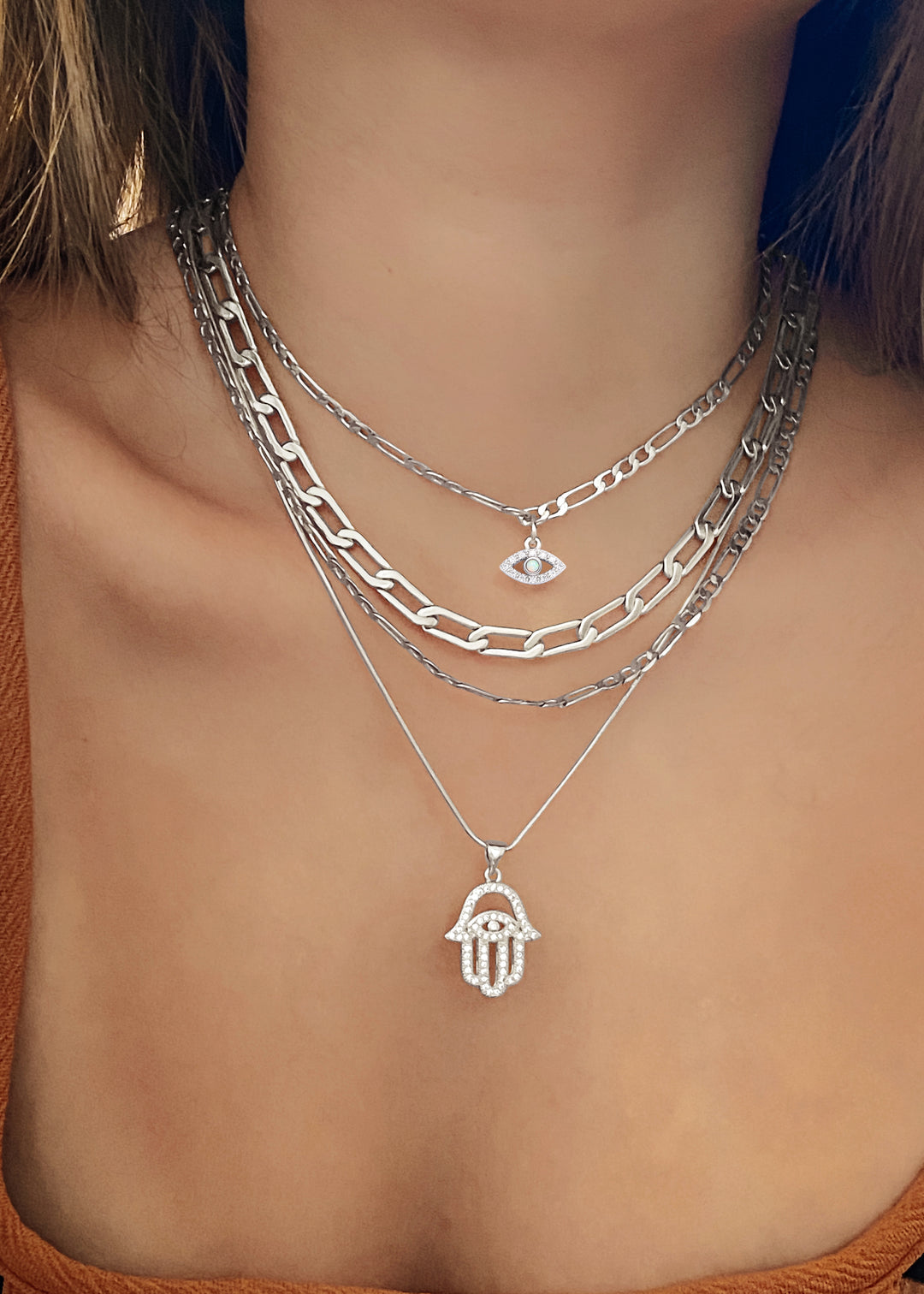 Hamsa Hand Necklace - White Gold Filled
