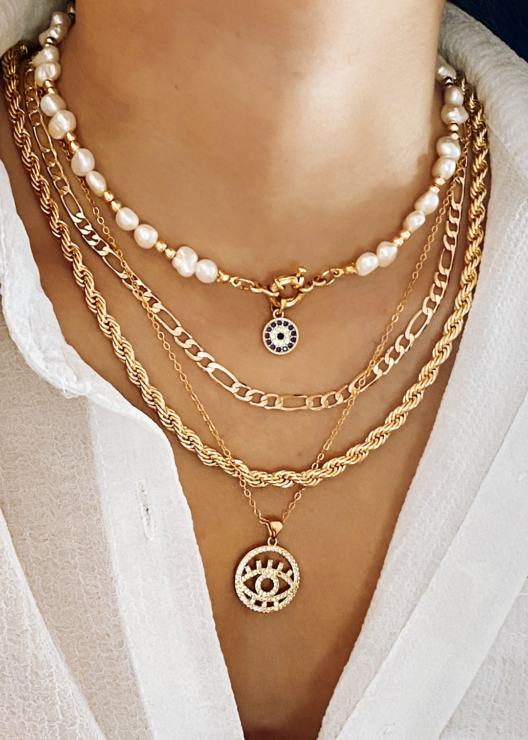 Evil Eye Pearl Necklace - Gold Filled