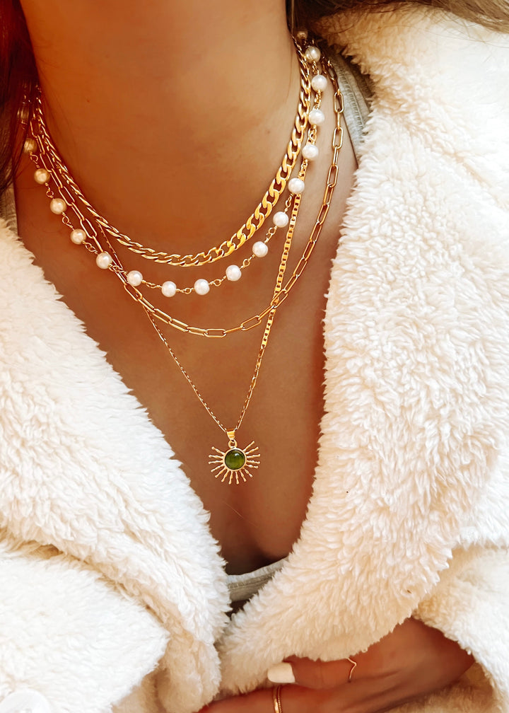 Green Sunburst Necklace - Gold Filled