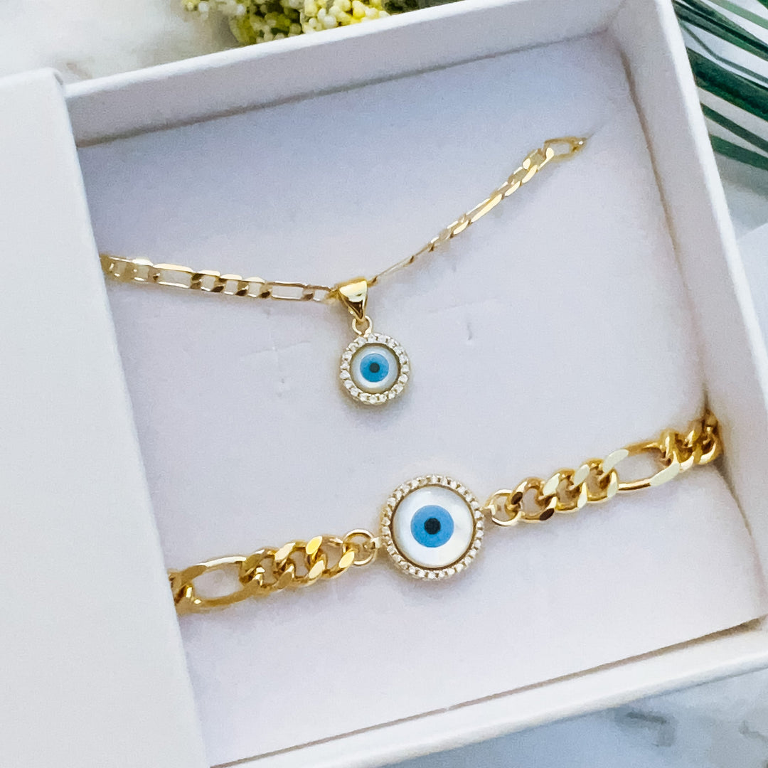 Sapphire Evil Eye Necklace + Bracelet/Anklet Gift Set